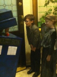 Mini TARDIS with mini Doctor Who and mini Weeping Angel.